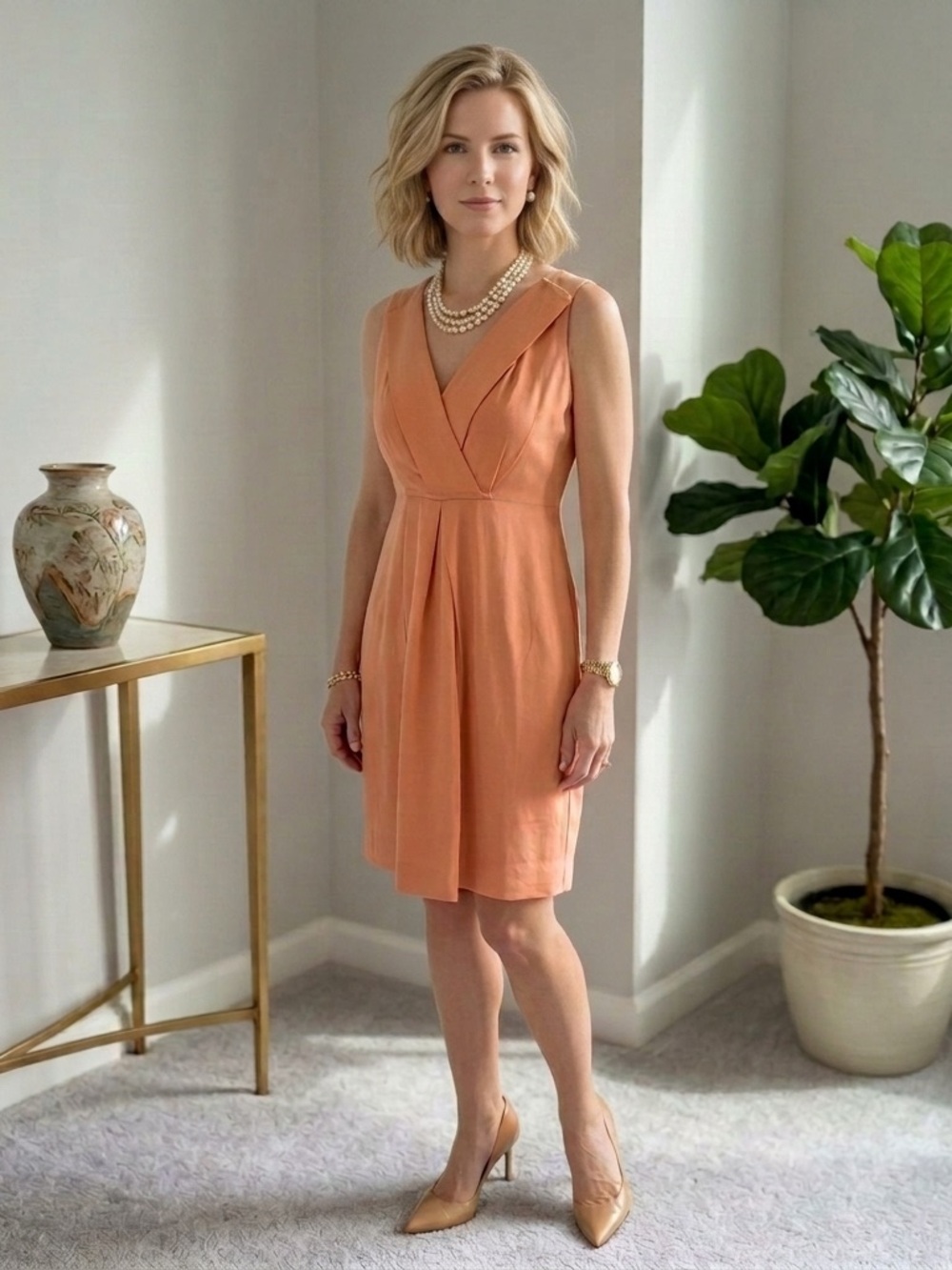 VTG J Crew Liza Slub Silk Dress Coral V-neck Cocktail Wedding Guest Sz 6P